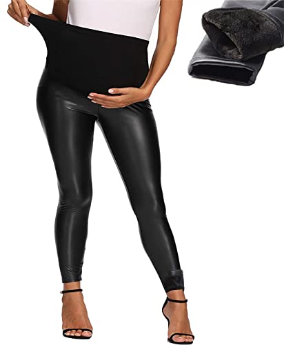 AIRMOOD Leggings De Maternité Chauds en Similicuir Doublés De Molleton Noir Grande Taille, Collants Épaissis Après Maternité Réglables,L Cover