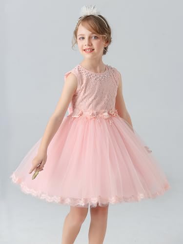 Lace Tulle Girls Flower Girl Dress with Pearls 3D Flower Appliques Tutu A Line Formal Party Dresses3