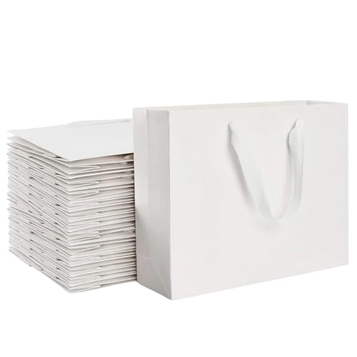 Wrapdit's Eco-Friendly Kraft Paper Gift Bags with Ribbon Handles – Sturdy Recyclable White Paper Shopping Bags for Party Favors, Ramadan, Weddings, Birthdays(Pack of 12). (White, Medium)