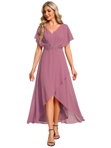 Image of Ever-Pretty Women's Formal Dress A Line V Neck Applique Waist Tea Length Wedding Guest Dress 02027