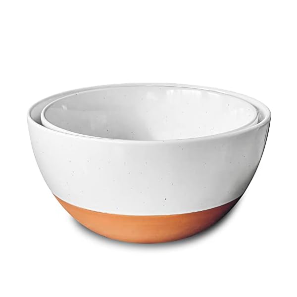 Mora Ceramic Large Mixing Bowls - Set of 2 Nesting Bowls for Cooking, Serving, Popcorn, Salad etc - Microwavable Kitchen Stoneware, Oven, Microwave and Dishwasher Safe - Extra Big 2.5 & 1.6 Qt - White