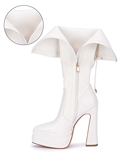 Knee High Gothic Platform For Women -Pasuot Black Lace Up Chunky High Heel Long Boots, Stacked Platform Square Toe Block Heel Pu Leather Goth Tall Boots With Side Zipper For Winter Fashion (White, Adult, Women, Numeric_8, Numeric, Us_Footwear_Size_System, Medium) #TOP1