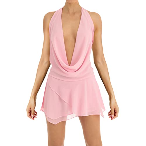 Image of Women Halter V Neck Mini Dress Sexy Sleeveless Backless Slim Fit Party Club Short Dress Y2K Beach Sundress