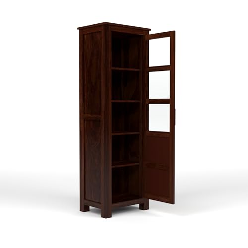 Image of Solid Sheesham Wood Bookshelf with Acrylic Glass Door | Rosewood Kitchen Cabinet with Storage Shelves for Dining Room & Office (B-Walnut Finish)