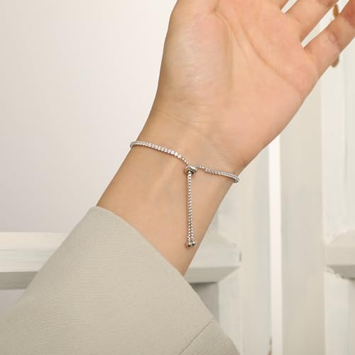 925 Sterling Silver Tennis Bracelets for Women, 18K White Gold Plated Adjustable 2mm/3mm Cubic Zirconia/Bead Bracelet, Dainty Jewelry Mother's Day Gifts for Girls Mom3