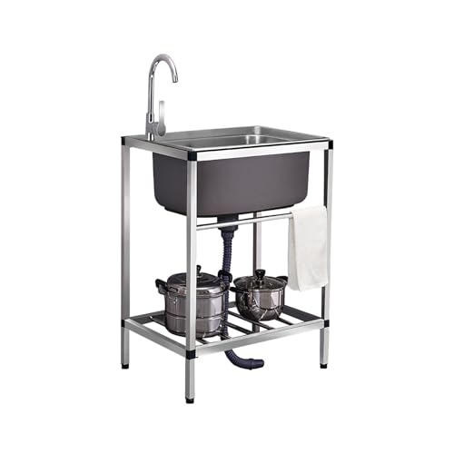 キッチンユーティリティシンク 業務用 ステンレススチール シングルボウル フリースタンディング 蛇口付き 排水板 1コンパートメント ガレージ レストラン ランドリールーム 屋内 屋外用