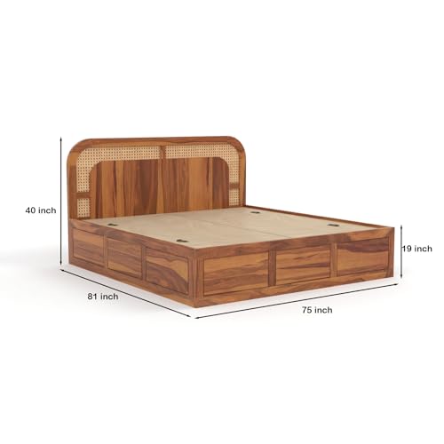 Image of Sheesham Wood Cane Bed with Box Storage for Bedroom | King Size Wooden Double Bed Palang with Curved Rattan Headboard (Honey Finish)