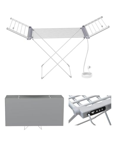 Electric Heated Clothes Airer with Cover, Touch Screen Controls Heated Clothes Dryer Rack, Temperature Control 30°C to 70°C Heated Airers Clothes Indoor, Foldable, 1-9 Hour Timer, 18 Heated Pipes