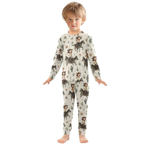 Pajama Sets Long Sleeve Cowgirl Riding Horse Pattern Soft Comfy Sleepwear 2 Piece PJS 3-8T2