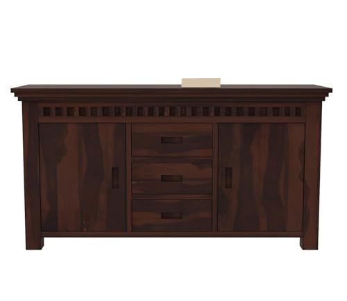 Image of Credenza Solid Sheesham Wood Sideboard Cabinet with 3 Drawers & 2 Doors | Wooden Buffet Storage Unit for Living Room, Kitchen & Home Office | Modern Solid Wood Cabinet | Walnut Finish