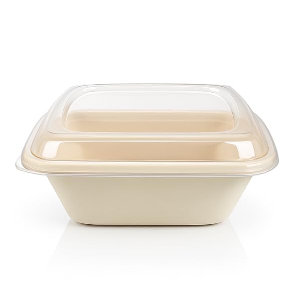 Bagasse - Lot de 50 bols rectangulaires avec couvercle - 1 l - Boîtes à emporter biodégradables - Anti-fuite et passent au micro-ondes - Emballage jetable pour restauration, Takeaway et