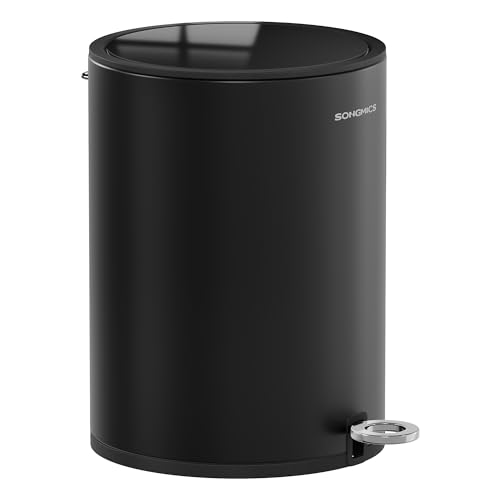 SONGMCIS Cubo de Basura para Cosméticos, 6 L, Cubo de Basura de Baño, con Tapa, Cierre Suave, con Pedal, Interior de Plástico Extraíble, para Baño, Oficina, Acero, Negro Tinta LTB012BZ01
