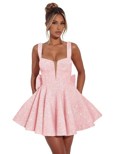 Short Sparkly Sequin Homecoming Dresses for Teens 2025 Cute A Line Flowy Puffy Mini Cocktail Dress with Bow