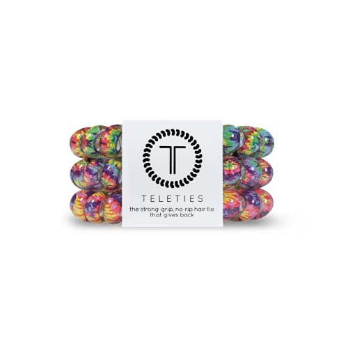 TELETIES - Tie Dye Spiral Hair Coils - Ponytail Holder Hair Ties for Women - Phone Cord Hair Ties - Strong Grip, No Rip, Water Resistant, No Crease Hair Tie Coils - 3 pack (Large, Psychedelic)