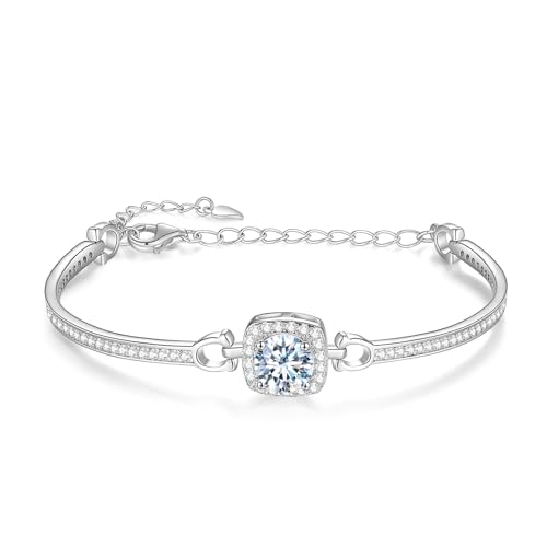 925 Sterling Silver Moissanite Bracelet for Women,1CT D Color Bangle Bracelet with GRA Certificate Perfect Jewelry Gifts