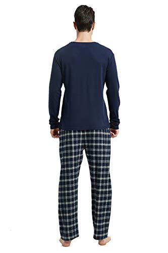 amaxer Men's Pajama Set 100% Cotton Flannel Plaid Pants Crew Neck Top Long Sleeves Pjs Elastic High Waist Sleepwear 6