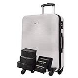 Mala Média 23kg Expansível, Cadeado TSA, Para Viagens Internacionais, ABS Resistente + Kit Organizador Necessaire p Meias Calcinhas e Sapatos (4 Travel Branco, Média)