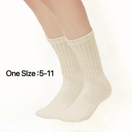 Image of Womens Slouch Socks Cotton Calf Socks Cream Scrunchy Retro Solid Crew Socks