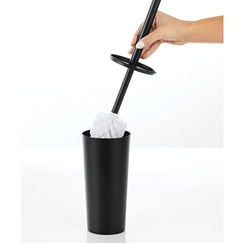 Image of mDesign Metal Freestanding Slim Toilet Bowl Brush and Holder + Rectangle Narrow 5 Liter / 1.3 Gallon Step Pedal Trash Can Wastebasket for Bathroom - Small, Compact Design - Set of 2 - Black