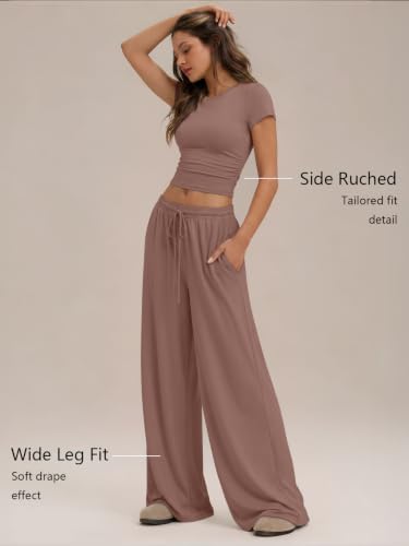 Image of Trendy Queen Women's 2 Piece Matching Summer Lounge Set with Pockets | Vacation Airport Travel Outfits, Workout Gym Clothing Comfy Athleisure Clothes, Side-ruched Top, Drawstring Wide Leg Pants
