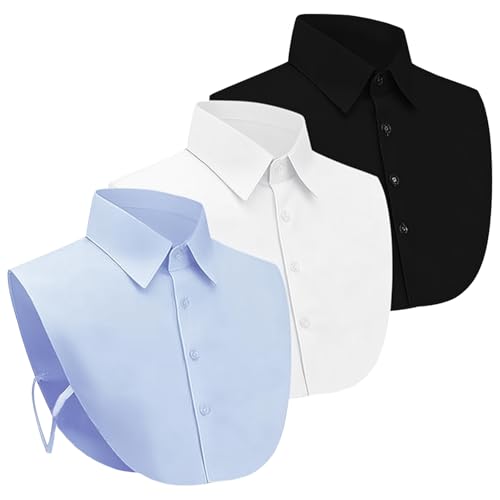 GYHWOFUL Krageneinsatz Damen 3er Set Abnehmbarer Blusenkragen & Hemdkragen Einsatz aus Baumwolle mit Knöpfen und Bindebändern Weiß Schwarz Blau Bluseneinsatz Damen Collar für Pullover & Kleider