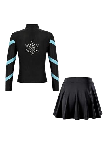 easyforever Kids Girls Sports Outfit Stripe Stand Collar Zipper Sweatshirt With Athletic Skirt Sets Dancewear Activewear Light Blue 12-13 Years2