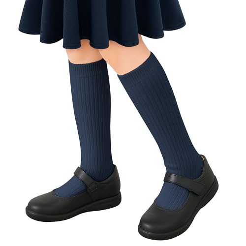 Stelle Girls Socks Knee High Socks for Girls Cotton Uniform Long Sock for Toddler 3 Pairs School Socks 12-18 Years Navy