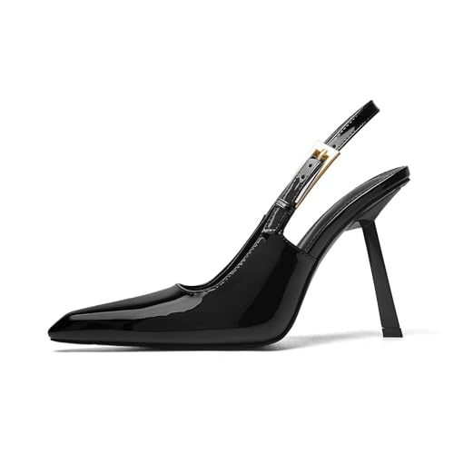 Slingback Pointed Closed Toe Stiletto High Heels Pumps for Women Ankle Strap Metal Buckle Backless Patent Leather Slip-on Banquet Dress Sandals Shoes