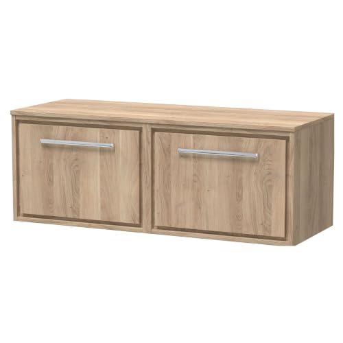 Image of Balterley Vanity Unit with Worktop, 2-Drawer Soft Close with Bar Handle Wall Hung Bathroom Vanity Units, Cloakroom Unit with Rectangular Light Oak Worktop - 605 x 460 x 449mm (Light Oak)