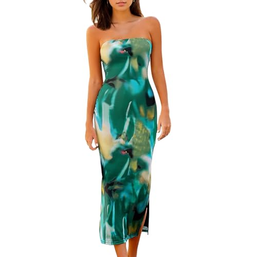 Image of Women's Tube Top Maxi Dresses Printed Tie Dye Strapless Bodycon Long Dress Split Side Sleeveless Party Elegant Outfits