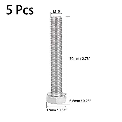 Image of 5 Pcs M10 Hex Bolt M10-1.5 x 70mm UNC Hex Head Screw Bolts A2-70(304) Stainless Steel Fully Threaded Hex Tap Bolts,Fully Threaded (M10 x 70mm)