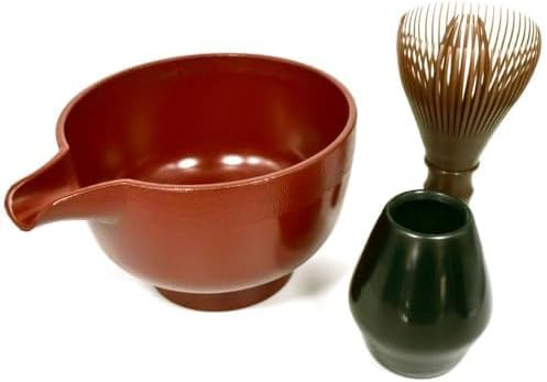 Resin Tea Set of Japanese Tea Whisk (Brown Bamboo Color) and Lipped Red Tea Bowl for Matcha, Made in Japan