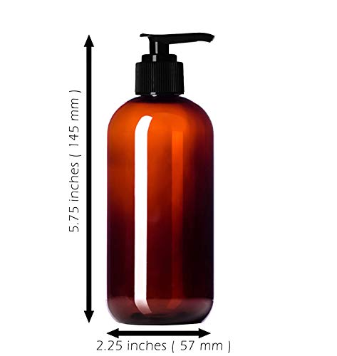 8oz Plastic Amber Bottles (6 Pack) BPA-Free Squeeze Containers with Pump Cap, Labels Included4