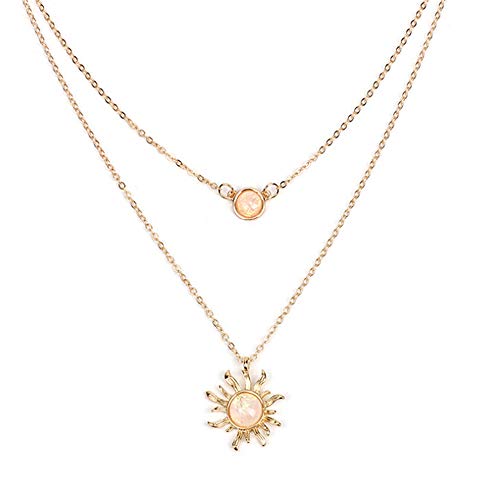 2 Layered Choker Necklace Moon and Sun Sunflower Opal Pendant White Fire CZ Fashion Bolo Style Double Chains Necklace Gift Charm Elegant Jewelry for Women-Gold