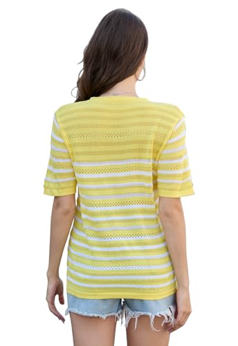 Image of ANCAPELION Women's Short Sleeve Sweater Top Striped Knit Crew Neck Pullover for Summer Trendy Shirts