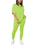 HBQ Women 2 Piece Outfits Summer Sweatsuits Drop Shoulder Tracksuits Biker Short Workout Jogger Sets Neon Green M