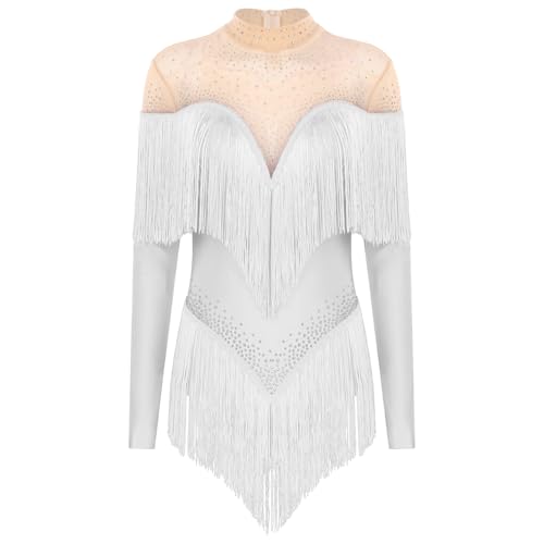 inlzdz Damen Tanzkleid Latein Standard Salsa Fransenkleid Trikotanzug Langarm Tanzanzug mit Glitzern Elegant Ballroom Bühnen Kostüm Weiß M