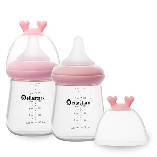 Beilastarx Glass Baby Bottles with Natural Response Nipple Size S - Anti Colic Baby Bottles Wide Neck Slow Flow Baby Bottle (Red, 6oz (Pack of 2))