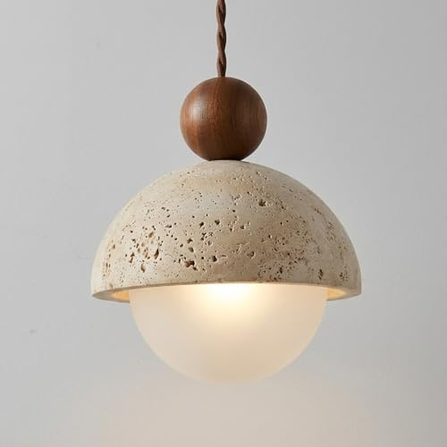 Travertine Pendant Light, Natural Stone & Solid Wood Hanging Lamp, Adjustable Mini Pendant Ceiling Light for Kitchen Island, Bedroom, Bathroom, Dining Room, G9 (M,Walnut)