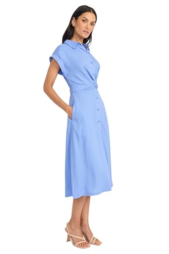 Maggy London Women's Button Down Midi Length Shirt Pockets and Belt-Twist Front Detail-a Line Work Dress2