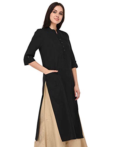 Image of Pistaa's Women's Cotton Relaxed Fit Straight Solid Kurta With Two Patch Pockets
