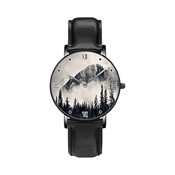 Horloges Quartz Horloge Horloges voor Vrouwen Mannen Business Leisure Unisex Zwart Lederen Horloges, Banff Nationaal Park Mistbergen Bos, Zwart, riem