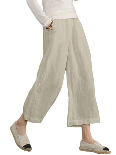 ECUPPER Womens Casual Loose Elastic Waist Cotton Trouser Cropped Wide Leg Pants Natural L, Straight