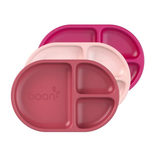Image of Boon CHOW Silicone Plate Set - 3 Unbreakable Divided Toddler Plates - Baby Plates for 6 Months and Up - Baby Led Weaning Supplies - Pink Multicolor