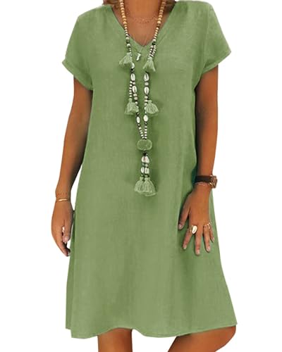 Women's Green Cotton Linen Knee-Length Summer Beach Dress with Pockets