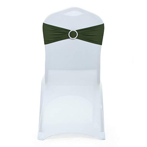 VDS - Olive | Spandex Chair Sashes Bows | 50 PCS | Stretch Elastic Banquet Universal folding Chair Band Tie with Silver Buckle Slider for Wedding Party Conference Celebration Event Decoration