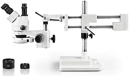 Vision Scientific VS-5FZ-IFR07 Simul-Focal Trinocular Zoom Stereo Microscope,10x WF Eyepiece,0.7X-4.5X Zoom,3.5X—90x Magnification,0.5X & 2X Auxiliary Lens, Double Arm Boom Stand, 144-LED Ring Light