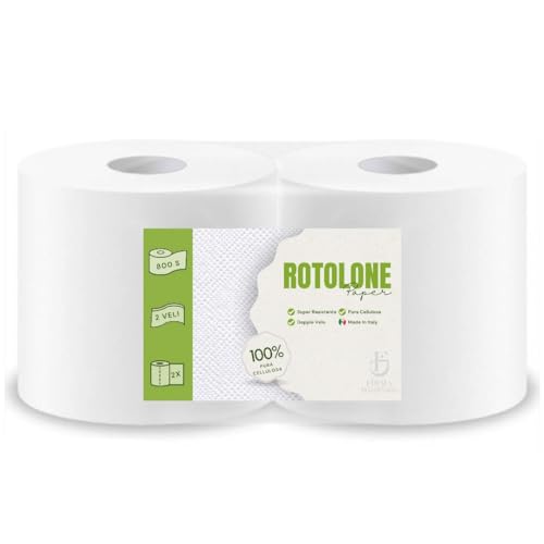 2 Rotoli carta Asciugatutto industriali extra resistenti - 1600 Strappi Rotolo, Bobina Pura Cellulosa 2 Veli idonea per dispenser - Rotoloni asciugatutto, carta assorbente cucina