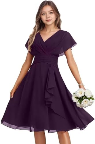 V Neck Junior Bridesmaid Dresses Short A Line Chiffon Flower Girl Dress for Wedding Guest Party Gown