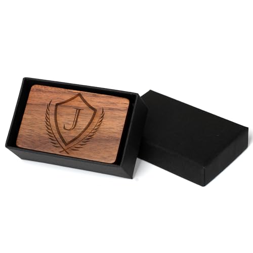 Image of Mens Initial Cufflinks and Tie Clip A-Z Alphabet Letter Black Stainless Cuff Links Tie Bar with Engraved Walnut Wood Box Groom Groomsman Wedding Set
